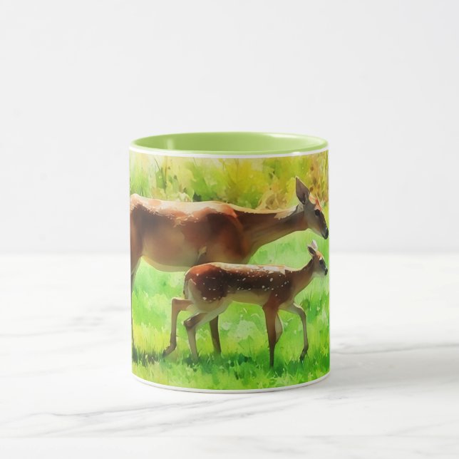Caneca Deer Mãe Doe e Baby Fawn Nature Art Mug (Centro)