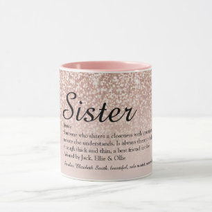 Caneca Definição de Irmã Menina Brilho Dourado Rosa