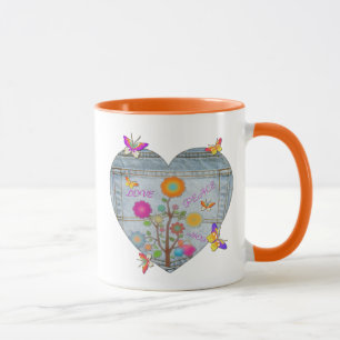 Caneca Denim Pocket Heart Flowers Borboletas Coffee Mug