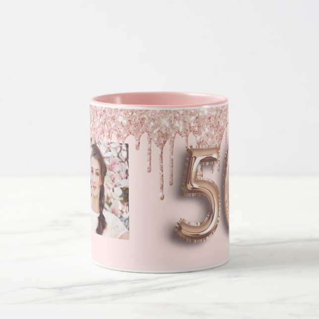 Caneca Derramamento de ouro rosa rosa-rosa com foto de 50 (Centro)