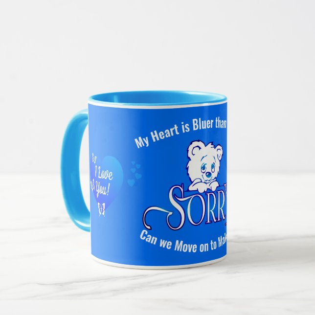 Caneca DESCULPE com o urso triste na desculpa azul (Frente Esquerda)