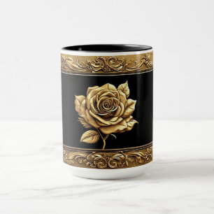 Caneca Desenho Artístico de Rosa Dourada com Detalhes Orn