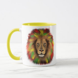 Caneca Desenho da cabeça de leão Rasta vermelho amarelo v