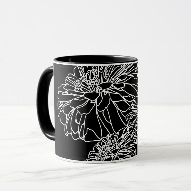 Caneca Desenho da linha de flores brancas pretas minimali (Frente Esquerda)