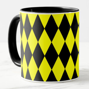Caneca Desenho de Diamantes Harlequim em Xadrez Amarelo e