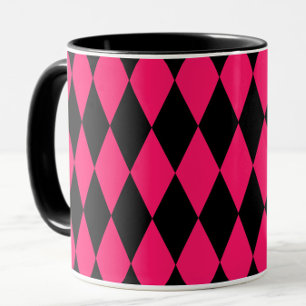 Caneca Desenho de Diamantes Xadrez Harlequim Preto Rosa