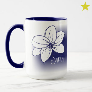 Caneca Desenho de Flor Branca Azul Bonito Nome Personaliz