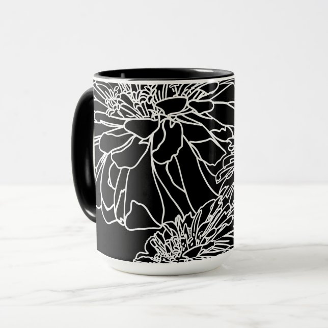 Caneca Desenho de linha floral preto mínimo (Frente Esquerda)