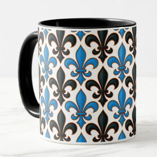 Caneca Desenho de padrão barroco azul preto Fleur-de-lis