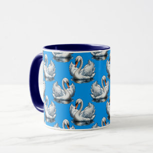 Caneca Desenho de padrão de aves cisnes em azul 