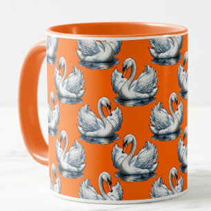 Caneca Desenho de padrão de aves cisnes em laranja