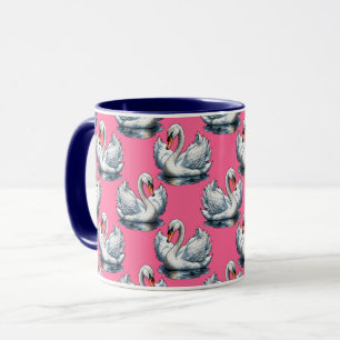 Caneca Desenho de padrão de aves cisnes em rosa