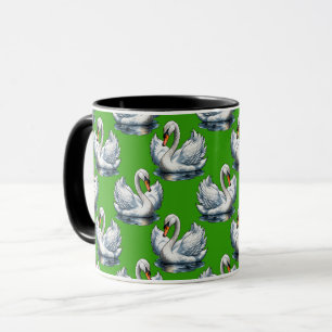 Caneca Desenho de padrão de aves cisnes em verde