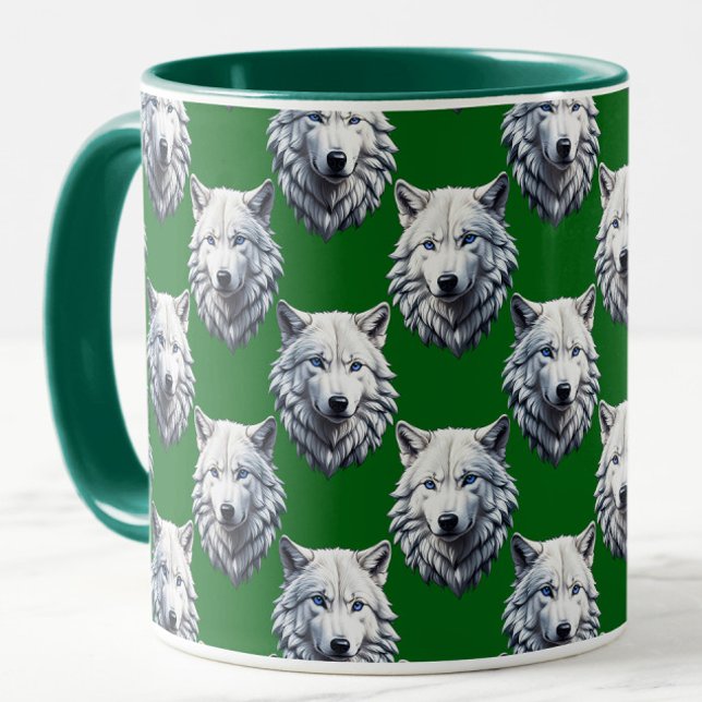 Caneca Desenho de padrão de cabeça de lobo branco verde (Criador carregado)