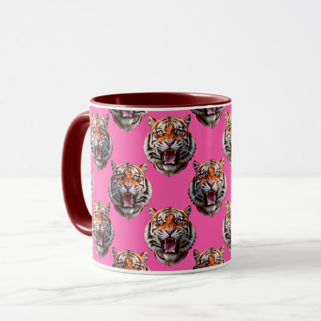 Caneca Desenho de padrão de cabeça de tigre rosa (Frente Esquerda)