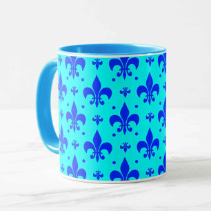 Caneca Desenho de padrão de flor-de-lis azul ciano