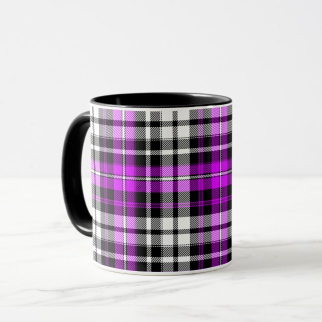 Caneca Desenho de padrão xadrez escocês roxo preto e bran (Frente Esquerda)