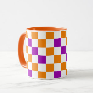 Caneca Desenho de padrão xadrez laranja branco roxo