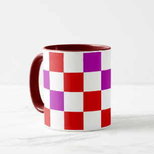 Caneca Desenho de padrão xadrez vermelho branco roxo