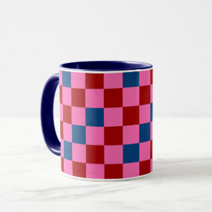 Caneca Desenho de padrão xadrez vermelho rosa azul