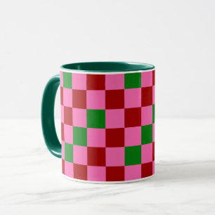 Caneca Desenho de padrão xadrez vermelho rosa verde