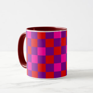Caneca Desenho de padrão xadrez vermelho roxo rosa