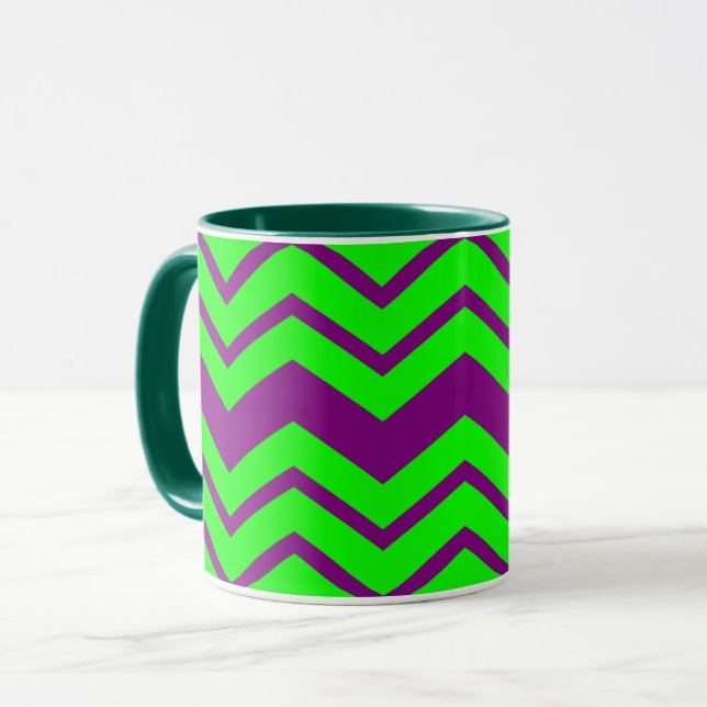 Caneca Desenho de ziguezague em chevron verde roxo (Frente Esquerda)