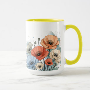 Caneca Desenho Elegante de Flores Azuis e Pêssegos