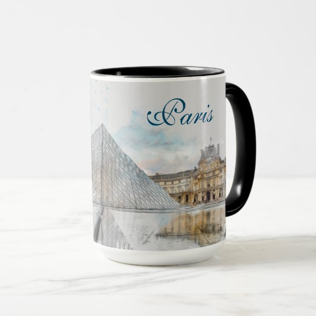 Caneca Desenho em aquarela do Louvre Paris, França (Frente Esquerda)