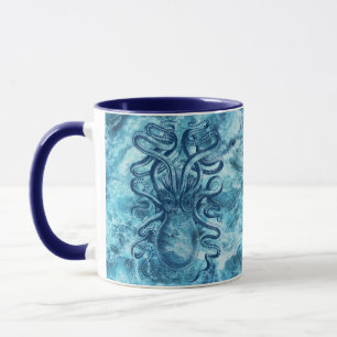 Caneca Desenho Gráfico de Ondas e Octopus do Mar Azul