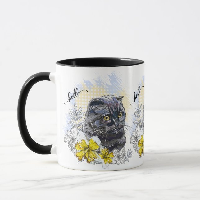 Caneca Desenho manual de gata britânica negra engraçada c (Esquerda)