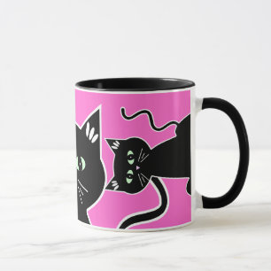 Caneca Desenho retro Verde-Eyed de três gatos pretos
