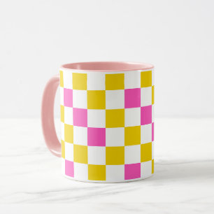 Caneca Desenho Xadrez Amarelo Branco Rosa