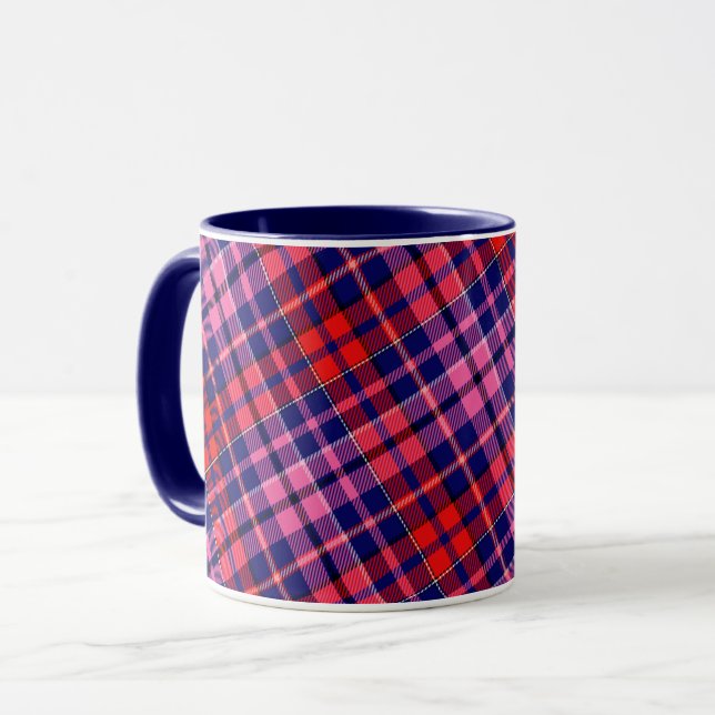 Caneca Desenho Xadrez Escocês Azul Marinho Vermelho Rosa (Frente Esquerda)