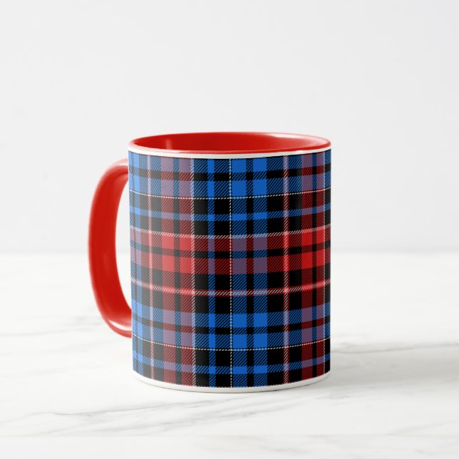 Caneca Desenho Xadrez Escocês de Plaid Vermelho Azul Sobr (Frente Esquerda)