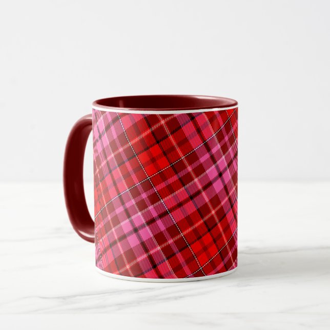 Caneca Desenho Xadrez Escocês Plaid Vermelho Grená Rosa  (Frente Esquerda)