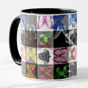 Caneca Desenho Xadrez Plaid Borboleta Colorida