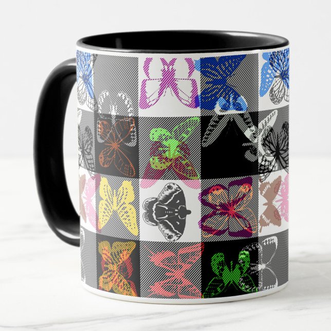 Caneca Desenho Xadrez Plaid Borboleta Colorida  (Criador carregado)