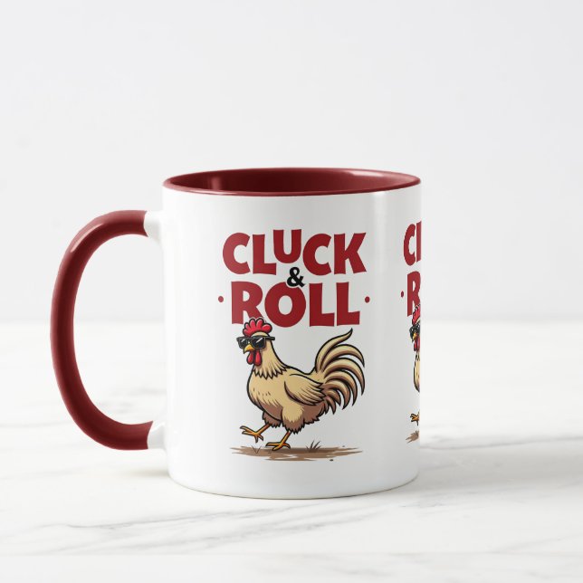 Caneca Design de Cartoon Legal "Cluck & Roll" engraçado (Esquerda)