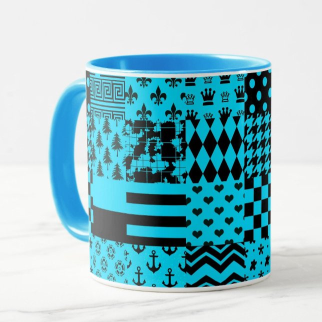 Caneca Design de Correção de Padrões Mistos Azul Preto (Criador carregado)