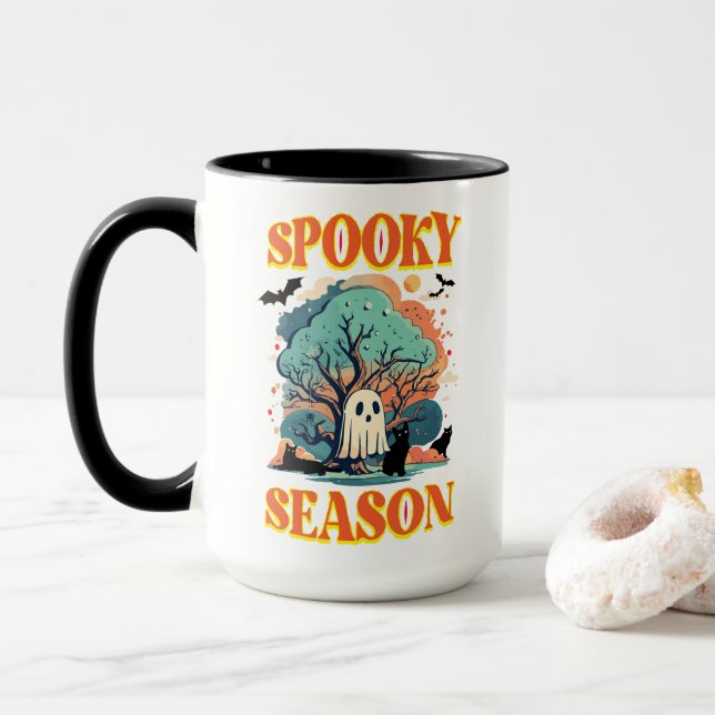 Caneca Design de Dia das Bruxas de Ghost e Gato Negro (Com Donut)