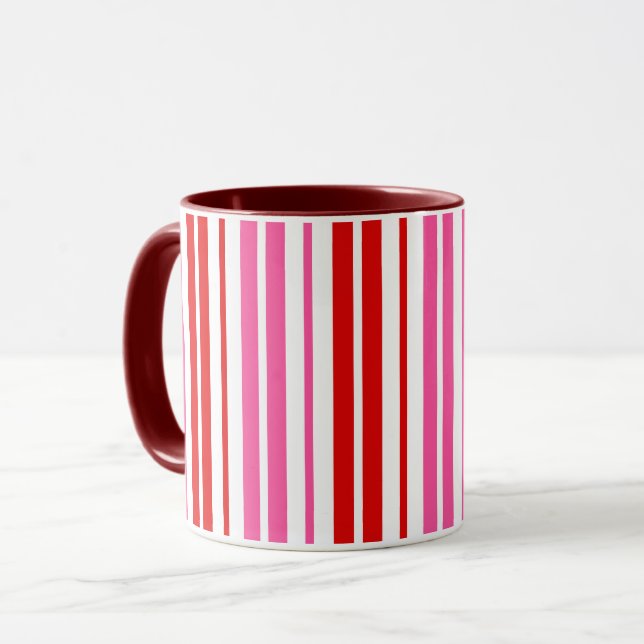 Caneca Design de Listras Verticais Brancas Rosa Vermelhas (Frente Esquerda)