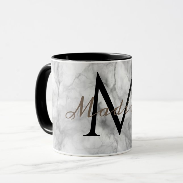 Caneca Design de mármore branco realista com monograma pe (Frente Esquerda)