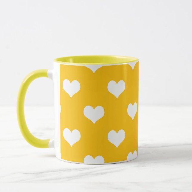 Caneca Design de Padrão Coração de Amor Branco Amarelo (Esquerda)