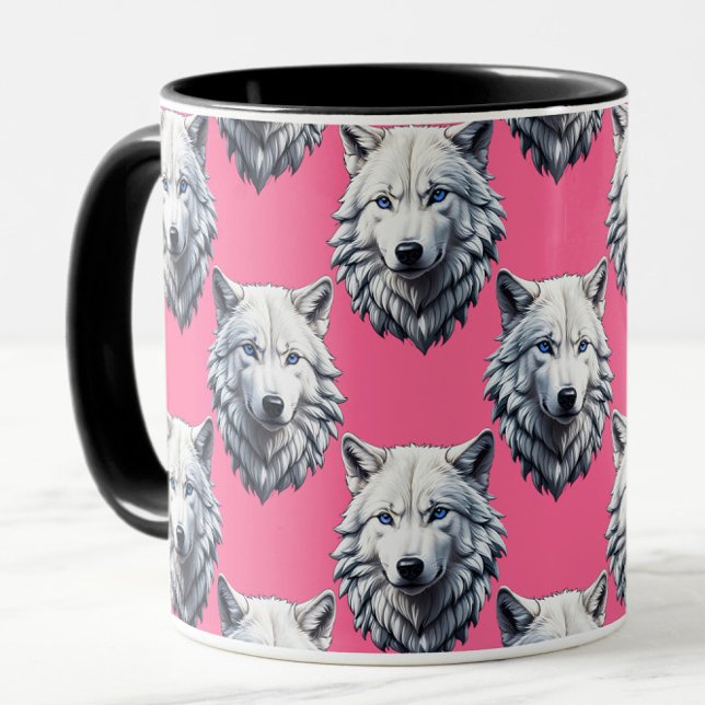 Caneca Design de padrão de cabeça de lobo branco rosa (Criador carregado)