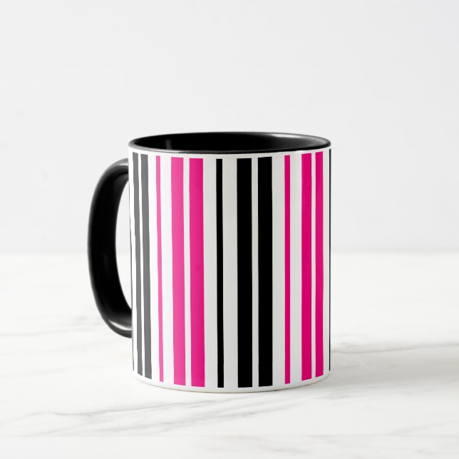 Caneca Design de padrão de listras brancas pretas rosa (Frente Esquerda)