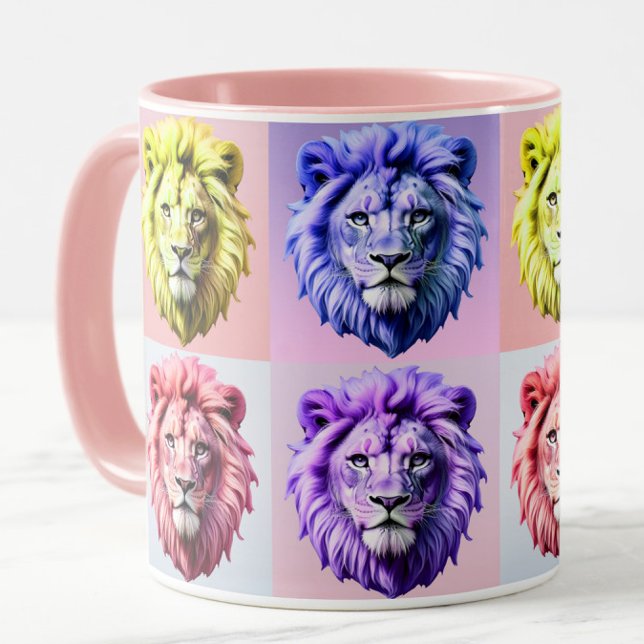 Caneca Design de padrão xadrez cabeça de leão cor pastel  (Criador carregado)