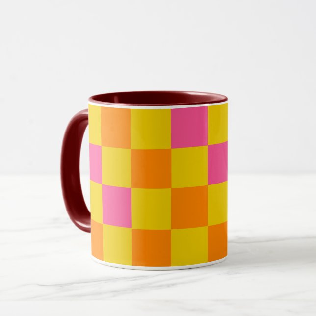 Caneca Design de padrão xadrez laranja amarelo rosa (Frente Esquerda)