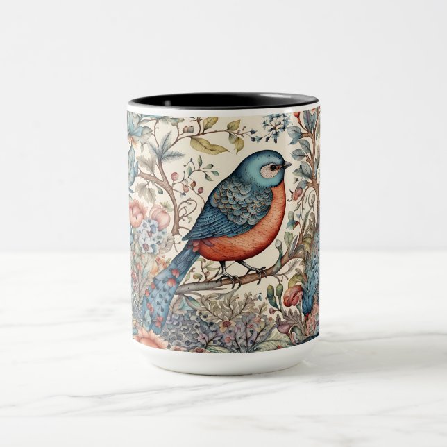 Caneca design de tecido escandinavo de pássaros vintage (Centro)