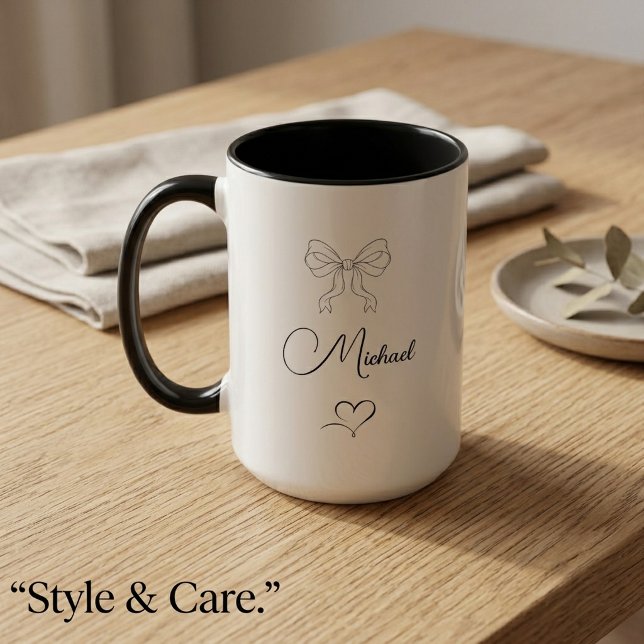 Caneca Design Personalizado Elegante com Laço e Coração (Elegant Bow & Heart Personalized Design Mug)